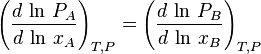 \left({\frac  {d\,\ln \,P_{A}}{d\,\ln \,x_{A}}}\right)_{{T,P}}=\left({\frac  {d\,\ln \,P_{B}}{d\,\ln \,x_{B}}}\right)_{{T,P}}