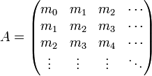 A=\left({\begin{matrix}m_{0}&m_{1}&m_{2}&\cdots \\m_{1}&m_{2}&m_{3}&\cdots \\m_{2}&m_{3}&m_{4}&\cdots \\\vdots &\vdots &\vdots &\ddots \\\end{matrix}}\right)