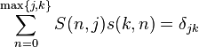 \sum _{{n=0}}^{{\max\{j,k\}}}S(n,j)s(k,n)=\delta _{{jk}}