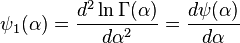 \psi _{1}(\alpha )={\frac  {d^{2}\ln \Gamma (\alpha )}{d\alpha ^{2}}}={\frac  {d\psi (\alpha )}{d\alpha }}