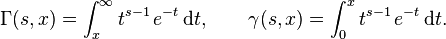 \Gamma (s,x)=\int _{x}^{{\infty }}t^{{s-1}}\,e^{{-t}}\,{{\rm {d}}}t,\,\!\qquad \gamma (s,x)=\int _{0}^{x}t^{{s-1}}\,e^{{-t}}\,{{\rm {d}}}t.\,\!