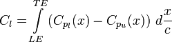 C_{l}=\int \limits _{{LE}}^{{TE}}\left(C_{{p_{l}}}(x)-C_{{p_{u}}}(x)\right)\,d{\frac  {x}{c}}