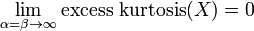 \lim _{{\alpha =\beta \to \infty }}\operatorname {excess\ kurtosis}(X)=0