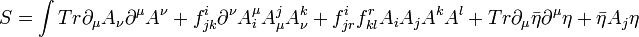 S=\int Tr\partial _{\mu }A_{\nu }\partial ^{\mu }A^{\nu }+f_{{jk}}^{i}\partial ^{\nu }A_{i}^{\mu }A_{\mu }^{j}A_{\nu }^{k}+f_{{jr}}^{i}f_{{kl}}^{r}A_{i}A_{j}A^{k}A^{l}+Tr\partial _{\mu }{\bar  \eta }\partial ^{\mu }\eta +{\bar  \eta }A_{j}\eta \,