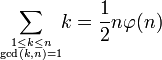 \sum _{{1\leq k\leq n \atop \gcd(k,n)=1}}\!\!k={\frac  {1}{2}}n\varphi (n)