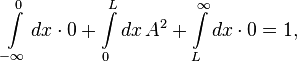 \int \limits _{{-\infty }}^{0}dx\cdot 0+\int \limits _{0}^{L}dx\,A^{2}+\int \limits _{L}^{\infty }dx\cdot 0=1,