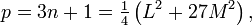 p=3n+1={\tfrac  14}\left(L^{2}+27M^{2}\right),