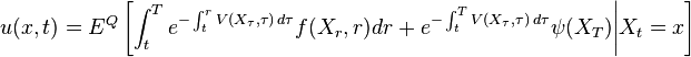 u(x,t)=E^{Q}\left[\int _{t}^{T}e^{{-\int _{t}^{r}V(X_{\tau },\tau )\,d\tau }}f(X_{r},r)dr+e^{{-\int _{t}^{T}V(X_{\tau },\tau )\,d\tau }}\psi (X_{T}){\Bigg |}X_{t}=x\right]