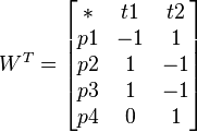 W^{T}={\begin{bmatrix}*&t1&t2\\p1&-1&1\\p2&1&-1\\p3&1&-1\\p4&0&1\end{bmatrix}}