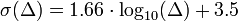 \sigma (\Delta )=1.66\cdot \log _{{10}}(\Delta )+3.5