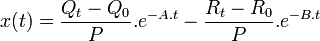 x(t)={\frac  {Q_{t}-Q_{0}}{P}}.e^{{-A.t}}-{\frac  {R_{t}-R_{0}}{P}}.e^{{-B.t}}