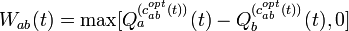 W_{{ab}}(t)=\max[Q_{a}^{{(c_{{ab}}^{{opt}}(t))}}(t)-Q_{b}^{{(c_{{ab}}^{{opt}}(t))}}(t),0]