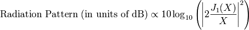 \displaystyle {\mbox{Radiation Pattern (in units of dB)}}\propto 10\log _{{10}}\left(\left|2{\frac  {J_{1}(X)}{X}}\right|^{2}\right)