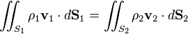 \int \!\!\!\!\int _{{S_{1}}}\rho _{1}{\mathbf  {v}}_{1}\cdot d{\mathbf  {S}}_{1}=\int \!\!\!\!\int _{{S_{2}}}\rho _{2}{\mathbf  {v}}_{2}\cdot d{\mathbf  {S}}_{2}