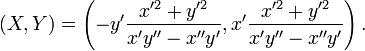 (X,Y)=\left(-y'{\frac  {x'^{2}+y'^{2}}{x'y''-x''y'}},x'{\frac  {x'^{2}+y'^{2}}{x'y''-x''y'}}\right).