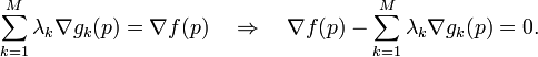 \sum _{{k=1}}^{M}\lambda _{k}\nabla g_{k}(p)=\nabla f(p)\quad \Rightarrow \quad \nabla f(p)-\sum _{{k=1}}^{M}{\lambda _{k}\nabla g_{k}(p)}=0.