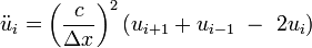 {\ddot  u}_{i}={\left({\frac  {c}{\Delta x}}\right)}^{2}\left(u_{{i+1}}+u_{{i-1}}\ -\ 2u_{i}\right)