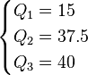 {\begin{cases}Q_{1}=15\\Q_{2}=37.5\\Q_{3}=40\end{cases}}