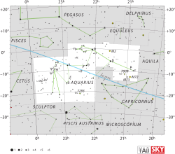 Diagram showing star positions and boundaries of the Aquarius constellation and its surroundings