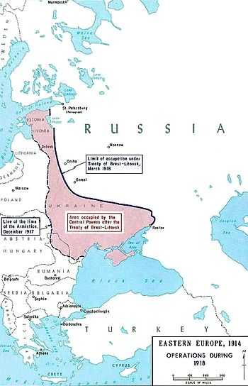 Map of Eastern Europe. A bold line shows the new border of Soviet Russia. The colored portion indicates the area occupied by the Central Powers.