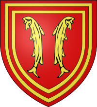 Gules, two fishes Or addorsed, bordured multiply: gules, Or, gules, Or