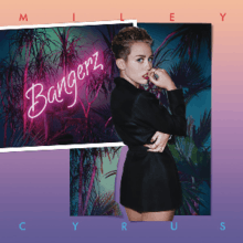 An image of several cut-out pictures positioned on a pink-to-purple gradient background. The names "Miley" and "Cyrus" are respectively located on the top and bottom of the picture. On the left-most image, the word "Bangerz" is spelled on a neon sign, placed in front of several palm trees. In the center, a short-haired blonde woman wears a black trench coat is positioned in front of several additional palm tress.