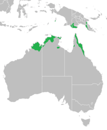 map of Australia and New Guinea and surrounds, showing range in green across top of Australia and bottom of New Guinea