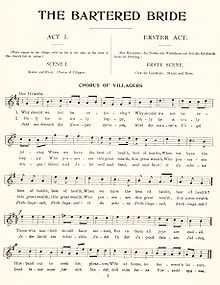 A page of sheet music shows a melody under the headings "THE BARTERED BRIDE", "ACT I.", "SCENE I.", and "CHORUS OF VILLAGERS".