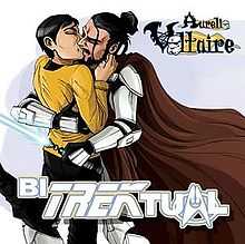 A Star Trek and Star Wars character embraced in a kiss