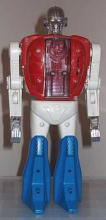 Red, white and blue robot-like action figure