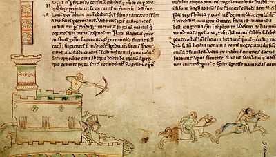 A drawing in the borders of a manuscript of an archer in a tower shooting at a horse-back rider