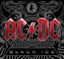 In the forefront, the logo for AC/DC in red letters, and under it a quadrilateral with "Black Ice" in white letters. In the background, a mosaic with tribal motifs, drawings of horns, wings, a man in a straitjacket, and a guitarist inside a cog.