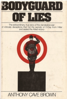 Photograph of a cream book cover with the title Bodyguard of Lies, and an image of Adolf Hitler with two concentric red circles in the background