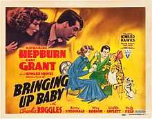 Movie poster with photo of Hepburn and Grant, and cartoon of Hepburn, Grant and Baby