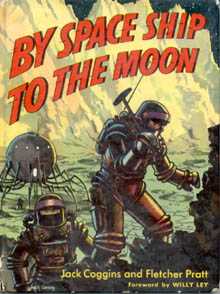 A painting, used as a book cover, with two men in spacesuits climbing on a lunar landscape and a spacecraft in the background