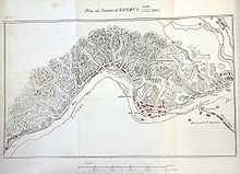 A hand-drawn map shows the location of the villages of Dürenstein and Krems, and their relation to the Danube river; the mountains tower above the flood plain, and small lines depicting the Russian and French divisions show troop movements.