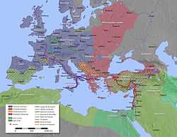 A map of the Mediterranean, with the routes of Hugh I of Vermandois, Godfrey of Bouillon, Bohemond of Taranto, Raymond IV of Toulouse, Robert Curthose, and Baldwin of Boulogne highlighted. The major Christian and Muslim empires at the time of the crusade are also highlighted. Major battles in Asia Minor are marked.