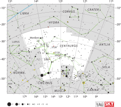 Diagram showing star positions and boundaries of the Centauri constellation and its surroundings