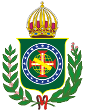 Coat of arms consisting of a shield with a green field with a golden armillary sphere superimposed on the red and white Cross of the Order of Christ, surrounded by a blue band with 20 silver stars; the bearers are two arms of a wreath, with a coffee branch on the left and a flowering tobacco branch on the right; and above the shield is an arched golden and jeweled crown.