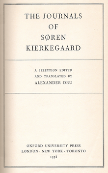 Title page of a book, headed "THE JOURNALS OF SØREN KIERKEGAARD"