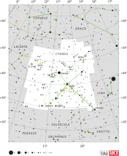 Diagram showing star positions and boundaries of the Cygnus constellation and its surroundings