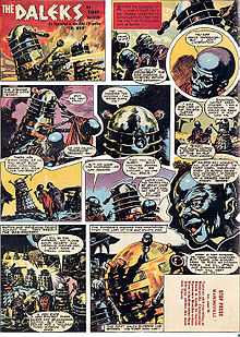 A comics page with eleven panels. The first panel contains the title "The Daleks" in jagged white letters. Subsequent panels show Dalek cylinders (slightly narrower than those depicted in previous images) and blue-skinned humanoids with bulbous heads. The last panel shows a gold-coloured Dalek-like shape with a large spherical top.