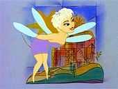 A cartoon image of a fairy, wearing a short, purple dress and with short, blond hair.