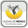 Logo of a black-and-white sculpture, El Ángel. It is a victory symbol personified by an upper naked angel wearing a long skirt. She holds a laurel wreath with her right hand. Below her image, two golden wings are displayed. The slogan "Ciudad de México" is written in black capital letters, with the word "México" bolded, and below the slogan "Decidiendo Juntos" with the same pattern. The whole image is located inside a gray squircle.