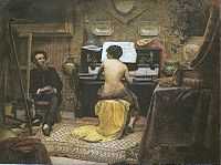 Painting depicting an interior with a nude female model sitting at a spinet piano while an artist works at his easel on the left side of the canvas