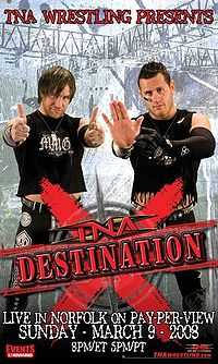 A poster featuring two men wearing black making hand gestures with a red logo saying "Destination X" at the bottom of the poster.