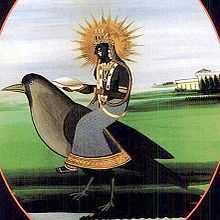 A dark woman with a halo, wearing dark clothes and gold ornaments sits on a crow and holding a winnowing basket.