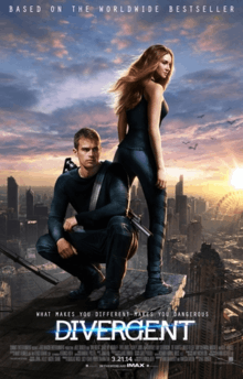 Lead characters Tris and Four stand above a futuristic Chicago.