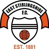 A logo depicting a striped black and white shield with an orange football on it. Above the shield, the words "East Stirlingshire" appear on a white scroll banner with orange edges and "Est. 1881" is below.