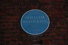  Plaque reads 'William Withering M.D., F.R.S. 1741-1799 Physician and Botanist lived here' and 'Birmingham Civic Society 1988'